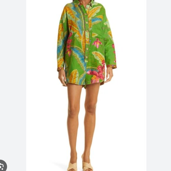 Farm Rio banana leaves linen long sleeve romper green size M - Picture 1 of 8